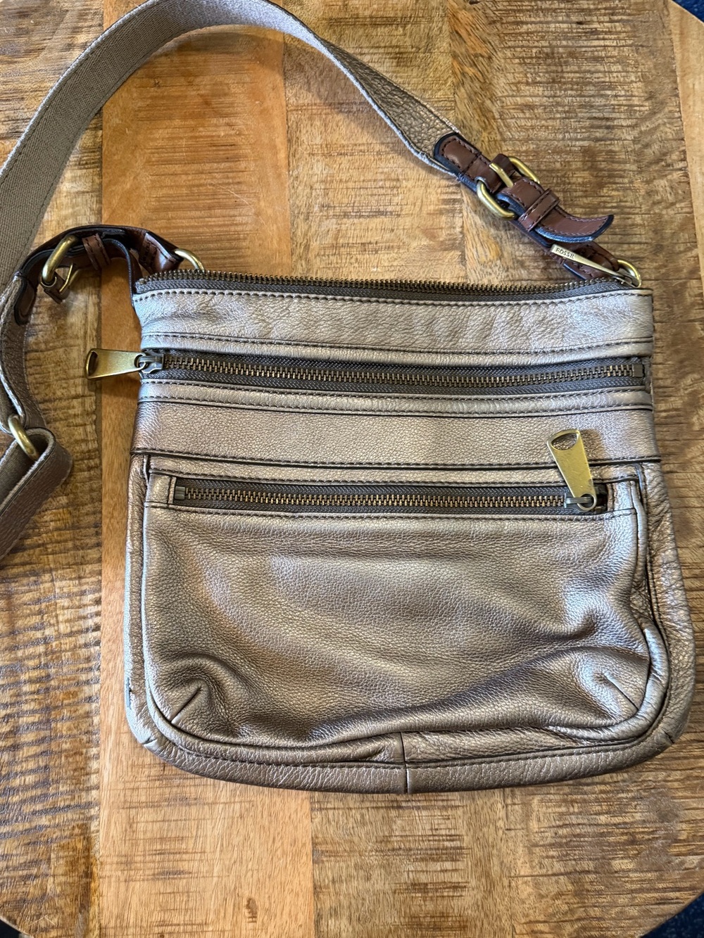 Fossil Explorer Crossbody Distressed Metallic Gold Leather Handbag